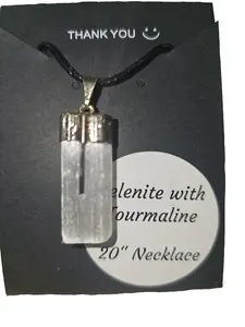 Selenite with Tourmaline Necklace for Energy Purification & Protective Healing Stone Jewelry