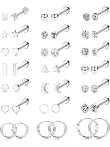 21 Pairs Tiny Flat Back Earrings Stud Hoop Earrings for Women Men Girl Stainless Steel Cartilage Helix Ear Piercing CZ Star Moon Heart Sleeping Earrings Stud Earring Jewelry