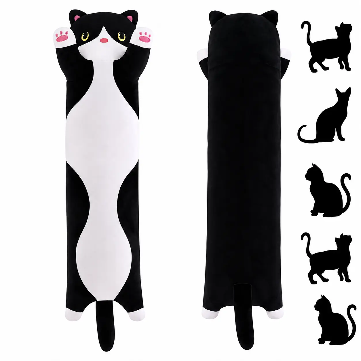 SNOWOLF Black Cat Long Plush Toy Pillow, 20/27/35/43in Soft Huggable Durable Stuffed Kitty, Cute Girly Gift for Kids, Birthday Christmas Home Décor Item