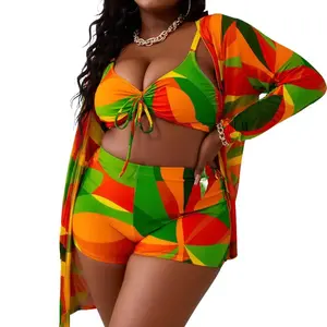 Plus Size Tropical Geometric Print 3-Piece Swimsuit, High Waist Drawstring Bikini with Long Sleeve Cover Up, Tummy Control Swimwear Set for Women Beach Vacation