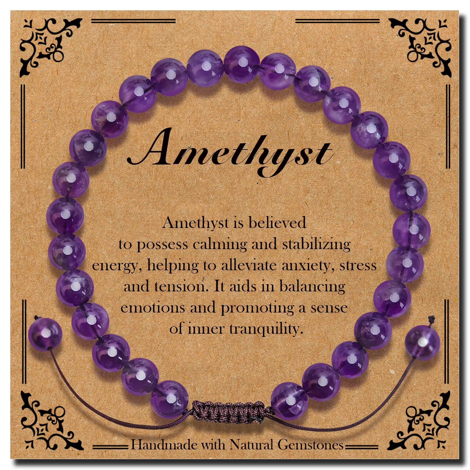Braided Genuine Amethyst - Natural Tranquilizer - Bracelet, Elegant Handcrafted Natural Gemstone Crystal Bracelet Healing Power Energy Inspirational Gifts with Card for Unisex bracelet