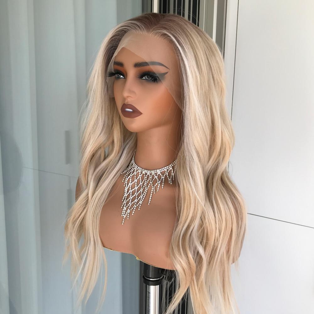 AISOM Selina Soft Linen Blonde Body Wave Free Part Synthetic Lace Front Wig with Scandinavian Hairline Low Density Long Wave 22 inches Highlight Blonde Glueless Wig