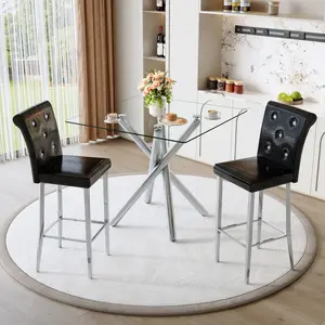 Modern Square Glass Bar Table and Fixed-Height Bar Stools Set of 2, Contemporary Counter Height Pub Table with Chrome Legs, Black PU Leather Bar Chairs for Kitchen Island, Home Bar, Small Space (3 PCS)