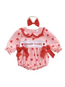 Baby Girl daddys Day Outfit Embroidery Love Heart Smocked Bubble Romper Bodysuit Cute Infant Newborn Clothes y2k