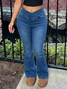 Mid Blue High-Waisted Flare Jeans for Women, Cross-Belt Design, Casual Daily Wear, Versatile Long Pants, Comfortable Fit