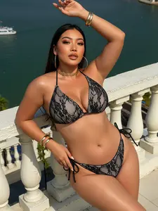 【Plus Size】 Two-Piece Set Solid Color Bikini Set, Casual Fashion Chic Bikini Top & Tie Side Swim Bottom Two-piece Swimsuit for Beach Holiday Vacation, Women's Swimwear for All Seasons