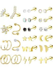 Trendy 35 Pcs Golden Stylish Ear Stud Earrings 316L Stainless Steel Earrings for Women Men Tragus Earrings Studs Shining CZ Opal Moon Heart Star Small Flat Back Cartilage Stud Earrings Helix Hoop Daith Ear Piercing Jewelry Fashionable Huggie Earrings