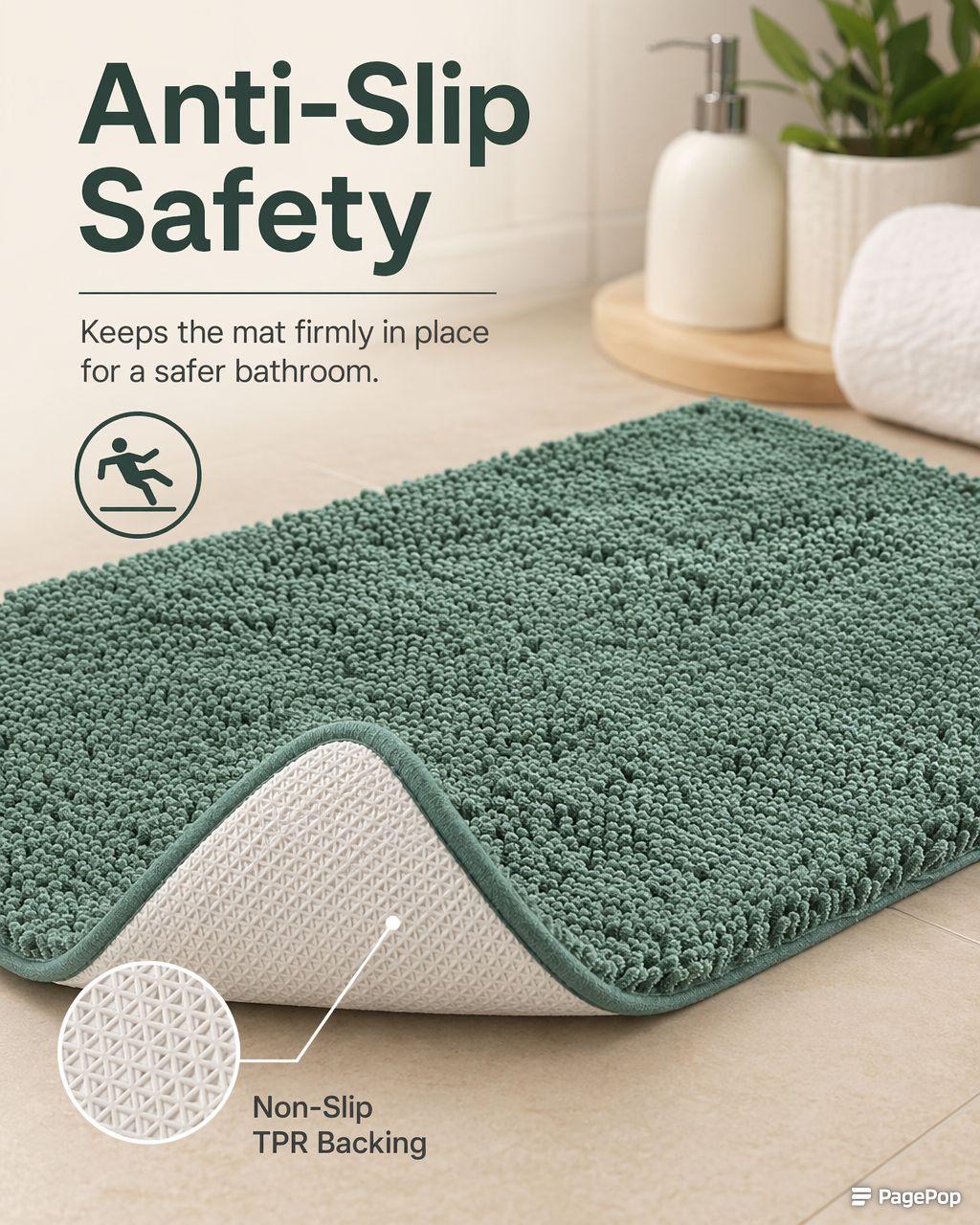 1-Piece Plush Short-Pile Chenille Anti-Slip Grip Rubber Back Mat, Quick-Dry, Stain-Resistant, Easy Clean Rubber Mat for Bathroom Wet Areas & Decor, Easy Clean Bath Mats