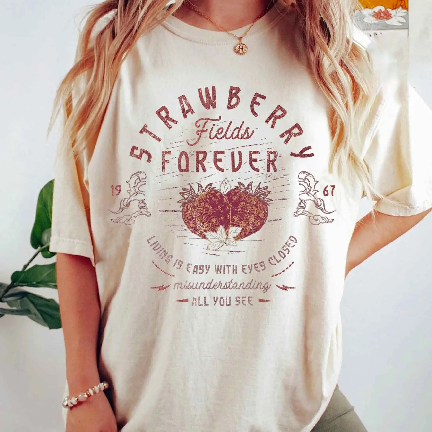 Old School Band Tee, Vintage Retro Band Shirt, Beatle Strawberry Fields Rock Band Tee, Oversized Trendy Shirts, Women's Top