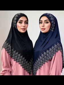 2pcs Elastic Rhinestone Leaf Trim Triangle Scarf, Muslim Headscarf, Modest Hijab, Slip-On Design, Fashionable Accessory, Perfect for Daily Wear