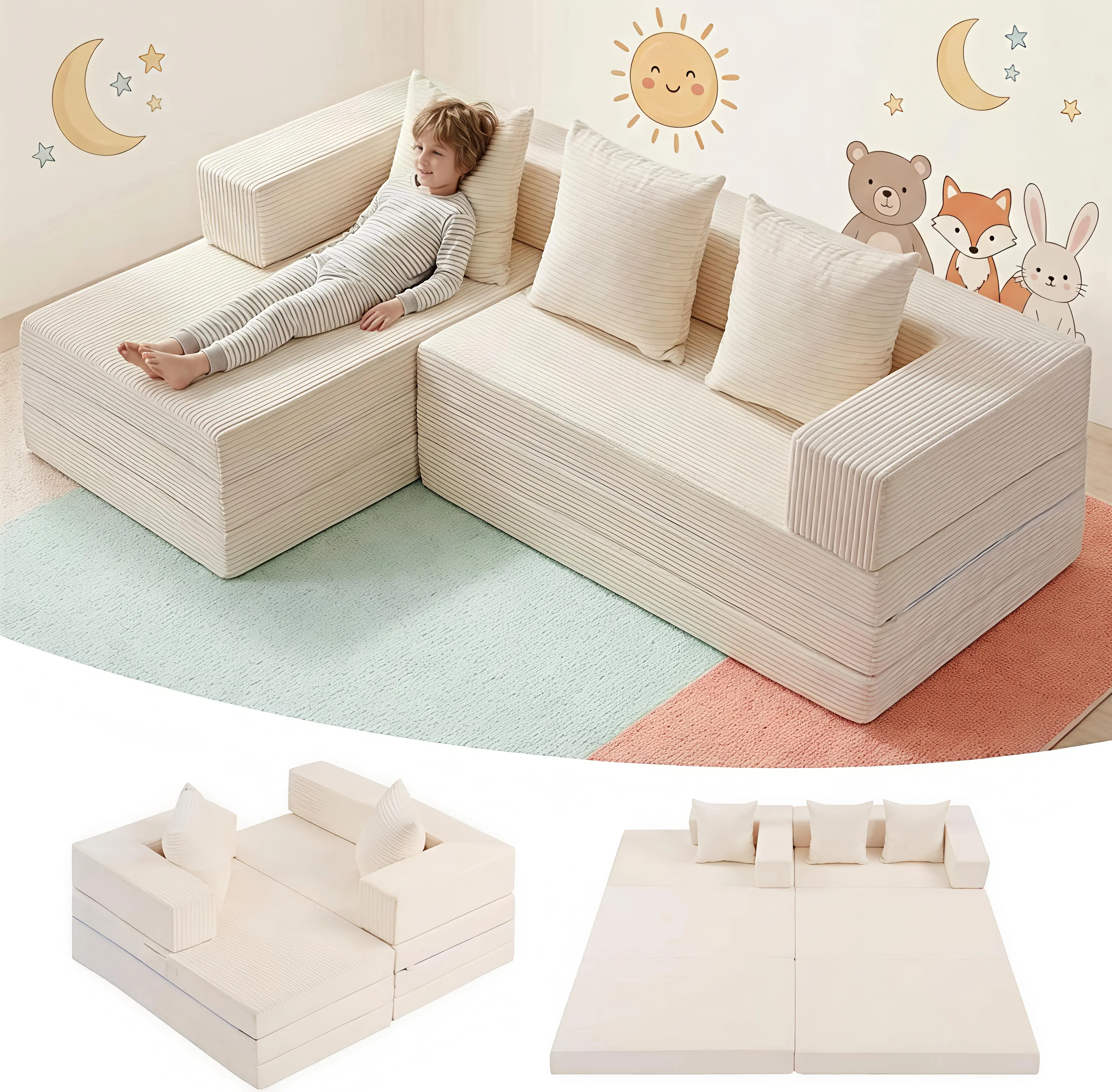 WINZOO Kids' Boneless Modular L-Shape Corduroy Couch - 4-in-1 Convertible Tri-Folding Oversized Sleeper Sofa Bed, No-Assembly Indoor Floor Furniture for Small Living Rooms