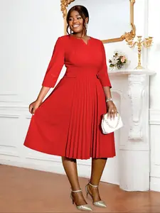 Am040920 Women’s Plus Size Pleated Woven Dress, Elegant Solid Color Midi Dress for Fashion, Chic, Comfortable, Loose Fit & Stylish Gathered Skirt