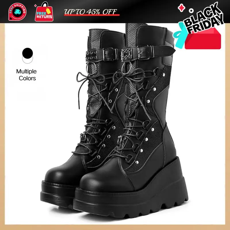 Womens Goth Platform Boots Chunky Wedge Heel Rave Combat Boots Lace Up and Zipper Round Toe Mid Calf Boot Concert FestivalGift