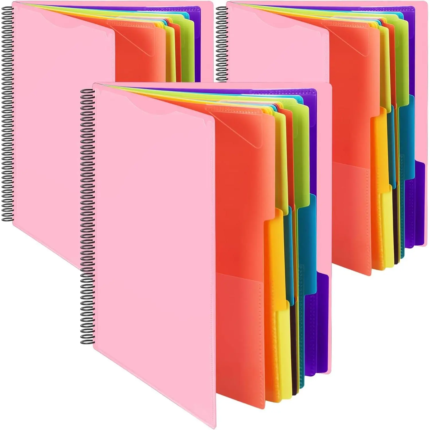 3 Pack 24 Pocket Poly Project Organizer with 12 Dividers Spiral Project Folder Multi Pocket Folder Binder Organizer for School Office Front Cover,Letter Size,1/3 Cut Tab(Pink)