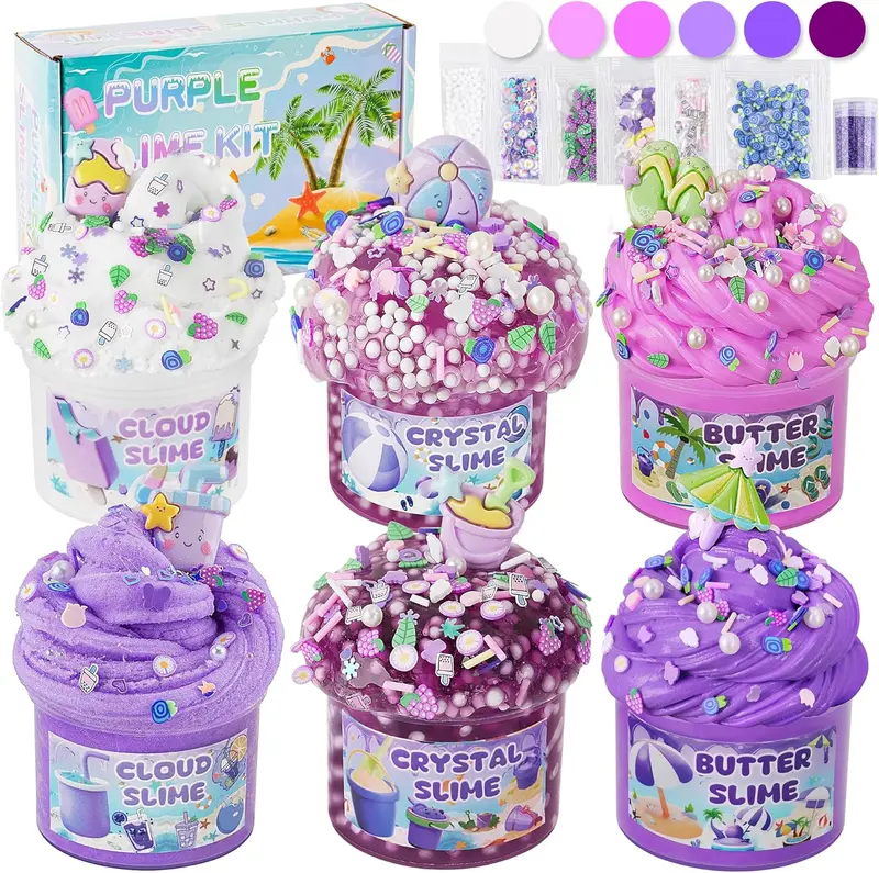 LAWOHO Purple Slime Kit - 6 Packs Cloud Butter & Clear Slimes with 8 Add-ins & Beach Charms for Kids Party Favors 360ml Non-Stick Slime Making Set