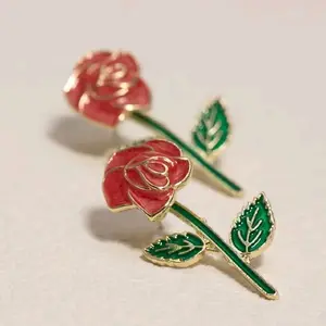 Earrings with Red Rose Design and Green Leaves as Described - Floral Jewelry Piece