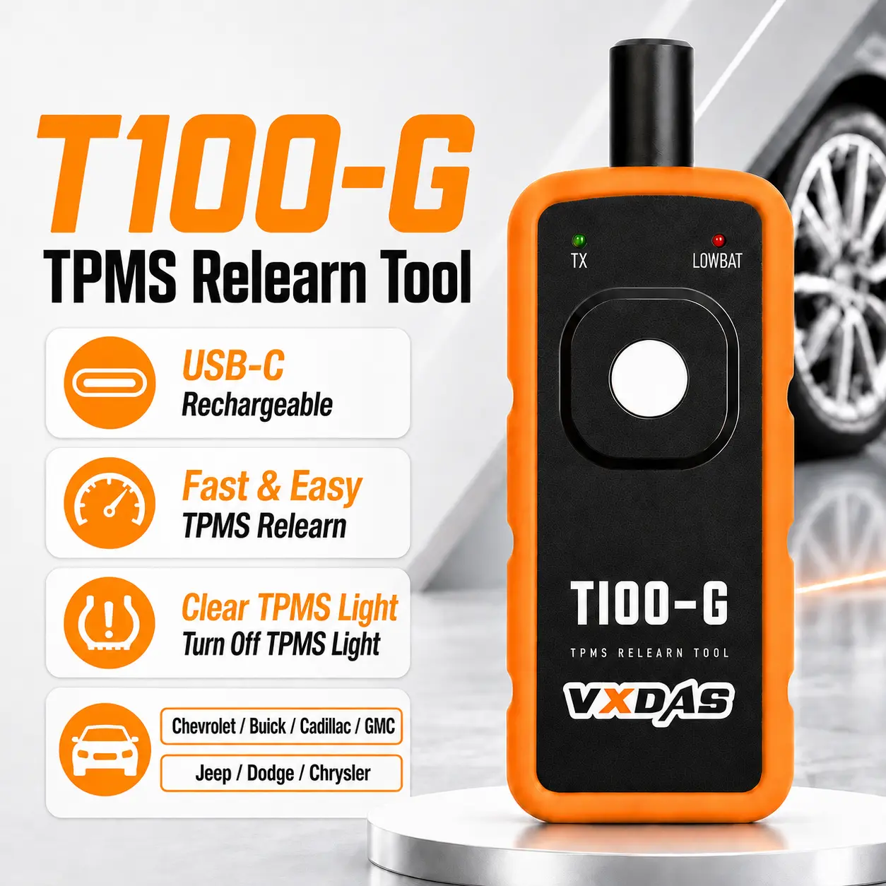 [For GM Jeep Dodge Chrysler]VXDAS T100-G TPMS Relearn Tool, USB-C Rechargeable Tire Pressure Sensor Activation Tool for Select Chevrolet, Buick, Cadillac, GMC, Jeep, Dodge & Chrysler Vehicles