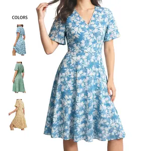 Cakulo Women's V-Neck Floral Print Short Sleeve Wrap Dress – Summer Casual A-Line Beach Vacation Dress