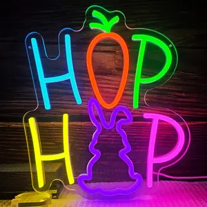 Easter Neon Sign - Vibrant LED Wall Art with Carrot & Bunny Design, USB-Powered Garage & for Man Cave Decor, Durable Plastic Sign for Home, Repair Shop, or Playful Room Decoration