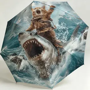 Cats Fighting Sharks Reverse Umbrella, 8 Rib Durable Design, Foldable Manual Opening, Outdoor Accessory, Christmas/birthday Gift