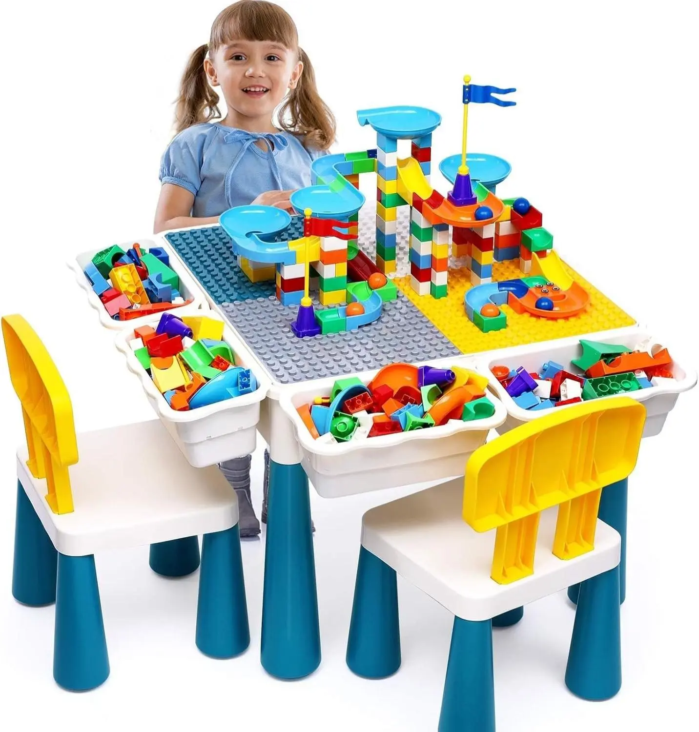 Kids Activity Table Toddlers Kids Table and Chair Set with 152Pcs Large Marble Run Building Blocks All in One Kid Play Water Tables Sand Tables, STEM Toys for Boys Girls 3 4 5 6 Year Old Pool Floats Seat Pool Billiards Pool Kit outdoorfun