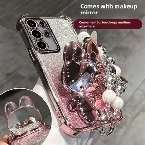 Suitable for Samsung S24Ultra Mobile Phone Case with Four Corners Anti-fall S22plus with Makeup Mirror Galaxys23fe Cute Rabbit Stand S25 Girls New S25U Mobile Phone Case with Bracelet Cover Shockproof