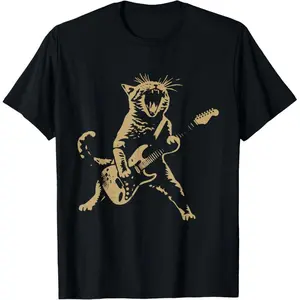 GJER SHOP 100% Cotton Cat Playing Guitar Rock Star T-Shirt for Men Women Menswear Top Short Sleeve Crewneck Streetwear
