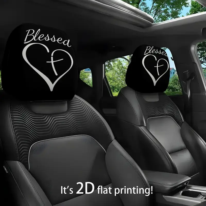 2pcs White Cross Heart, Blessed Letter Printed Car Headrest Covers, Car Accessories, Made of 2D Flat Elastic Polyester Material, Washable And Easy to Install, Suitable for Long-Distance Driving Trips And Daily Commuting, Alleviating Neck Fatigue