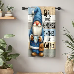 1Pc Cartoon style gnome holding a coffee cup and carrying a bag Bathroom Hand Towel Bath Towel, Multiple Size Microfiber Towel, Ultra-Soft Quick Dry and Absorbent Polyester Large Bath Towel, Kitchen Towels, Festiv