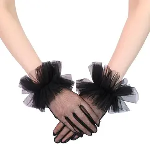 Women’s Tea Party Short Gloves, Elegant Ruffled Tulle Mesh Design for Wedding, Christmas, and Evening Parties