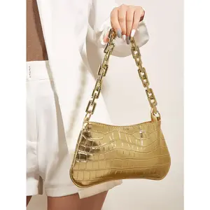 Metallic Crocodile Embossed Chain Bag,Perfect For Music Festival, Funky, Punk & Bag For Street Wear, Animal Print Women Bag