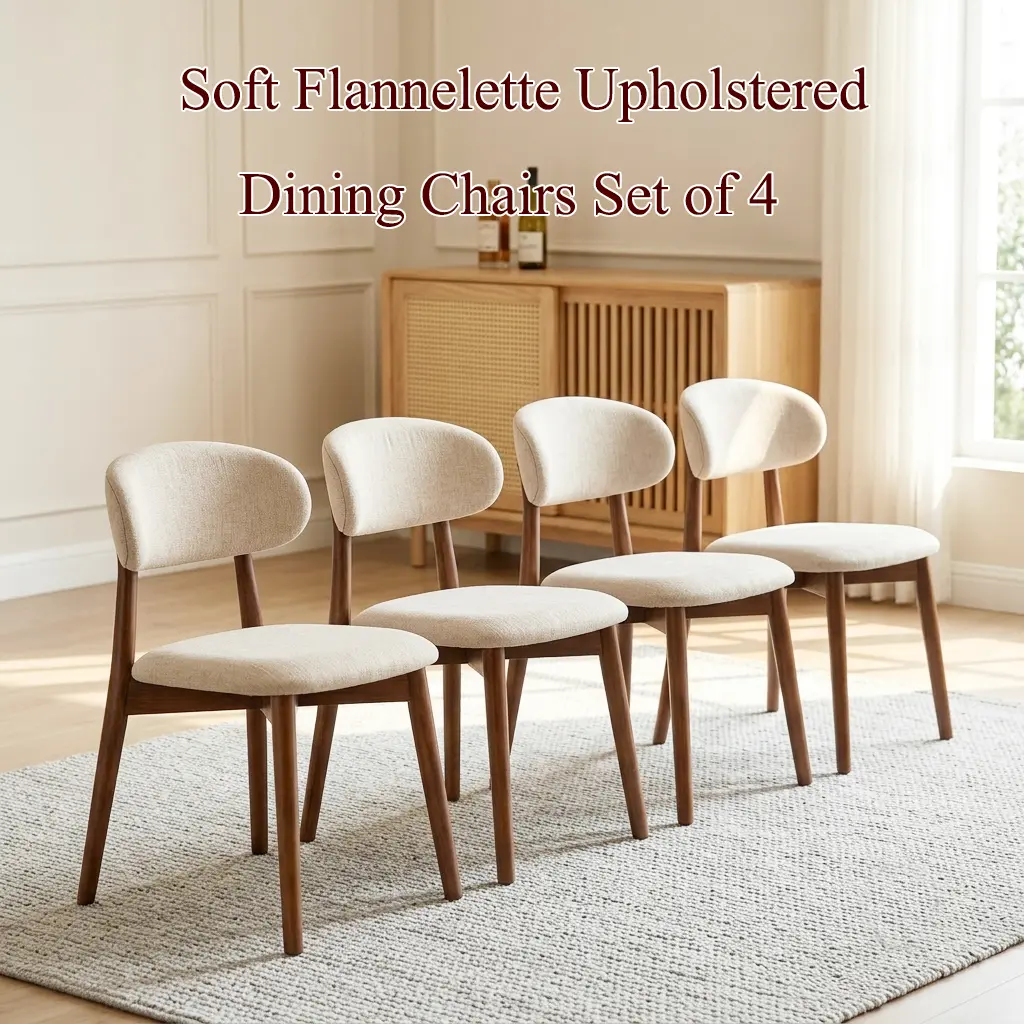 Set of 4 Flannelette Upholstered Dining Chairs with Solid Wood Legs, Soft Comfy Armless Kitchen Chairs for Small Space Coffee Corner Breakfast Nook Living Room, Light Camel din base thick seat cushion