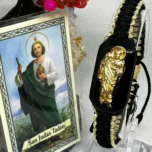 Saint Jude Handmade Woven Bracelet Pulsera de Tejido Doble with San Judas Tadeo Image Black & Gold Accents mexican cultural jewelry