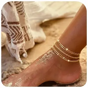 Gold Ankle Bracelets for Women, Gold Anklets for Women Waterproof Cuban Link Anklets Set Layered Anklet Bracelets for Women Anklet for Women Gold Jewelry Gift