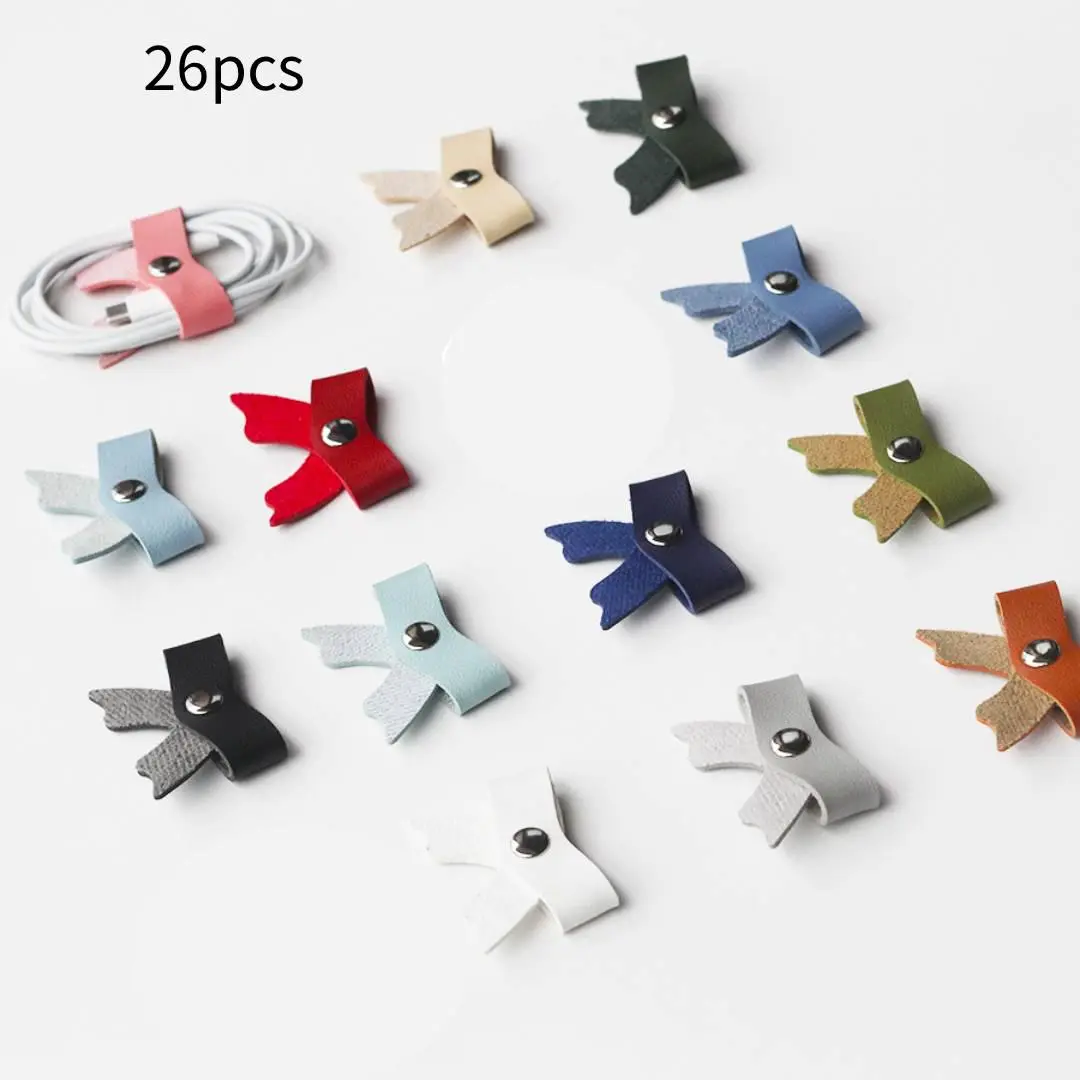 12 Pieces Cute Fashion Style PU Leather Bowknot Cable Organizers - Reusable 2x1.6 In Cord Keepers for Family, Office Organizing Cables, Charger, Headphone, USB C, Computer Accessories Desk/Travel Purse Use
