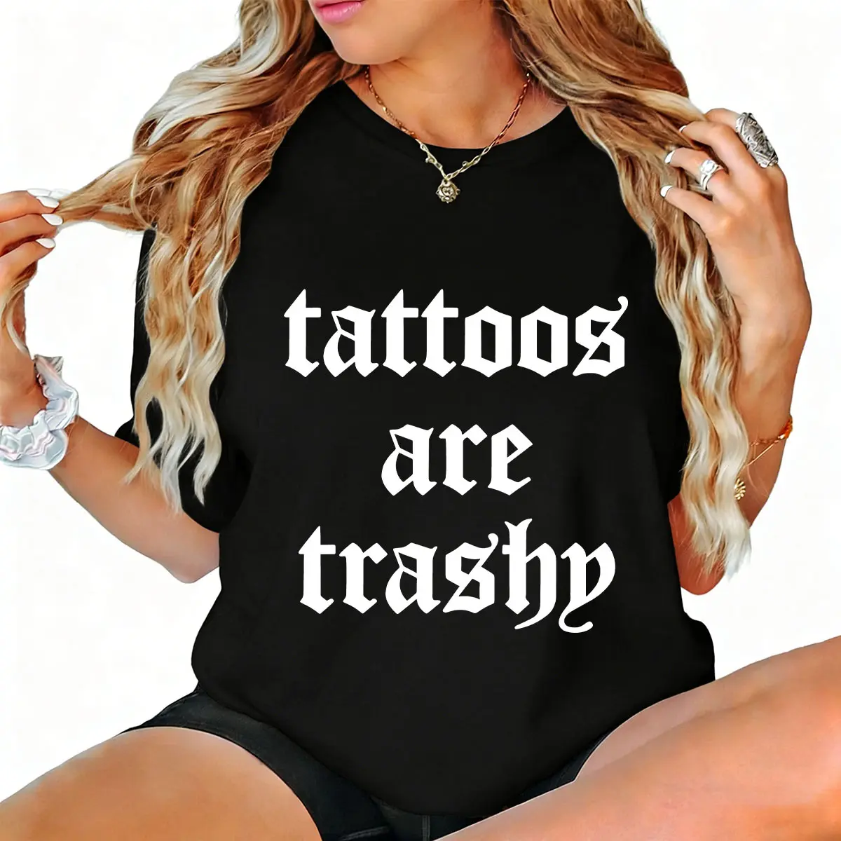 Women's Relaxed Fit Printed Streetwear Top - "Tattoos Are Trashy" Sarcasm Joke Meme Gift Piece, 100% Cotton, 180G/230G Short Sleeve/Hoodie, Soft Day Wear, Made In USA, All Seasons Slip-On Tshirt [SaffronSequin]