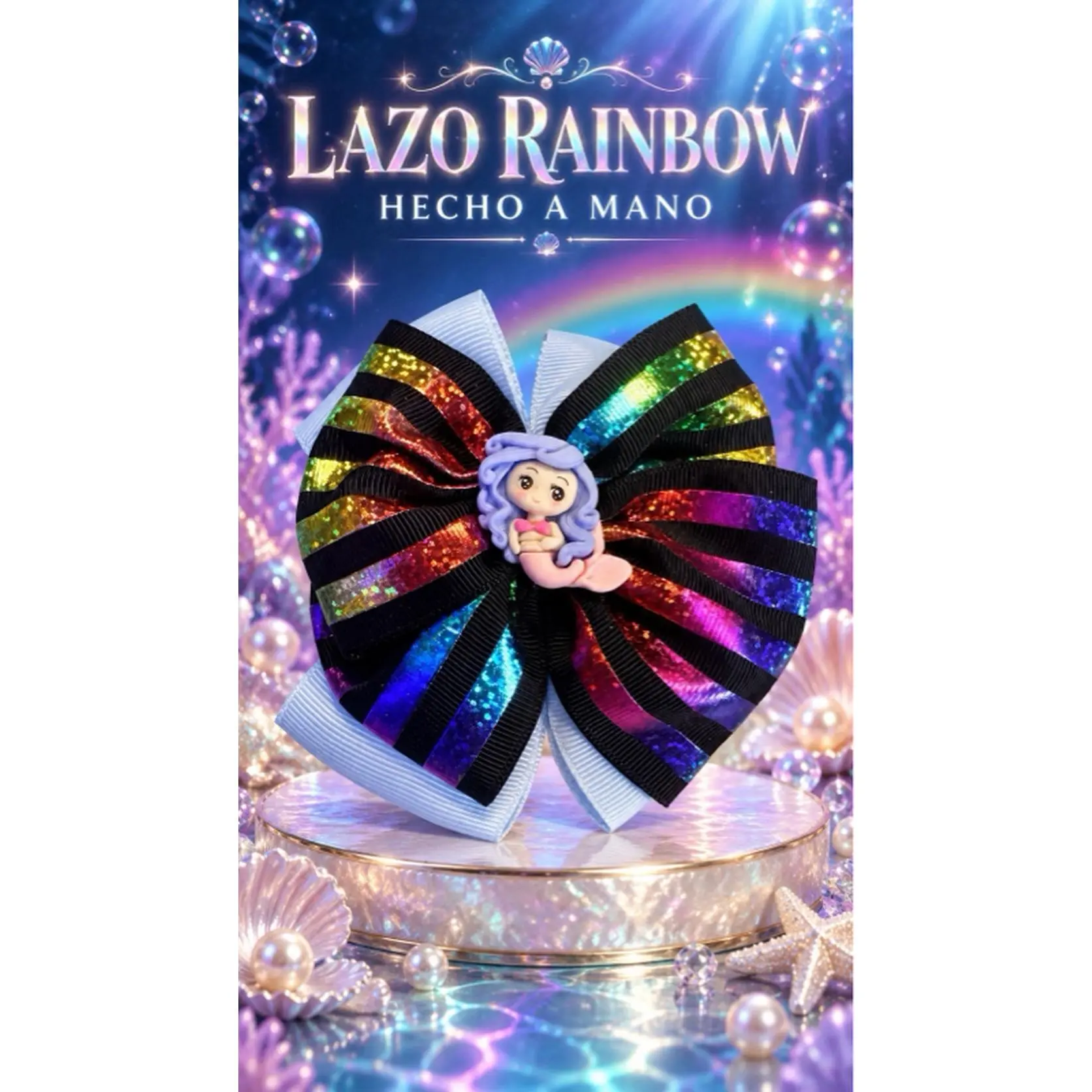 Rainbow  Handmade Bow for Girls with Colorful Stripes and Mermaid Design