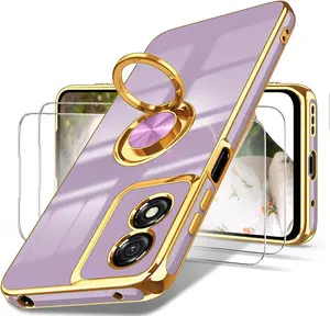 Phone Case for Moto G Play 2024 Case, 2X Screen Protector, 360° Rotatable Ring Holder Magnetic Kickstand,Plated Gold Edge Slim Soft TPU Protective Cover for Motorola G Play 4G 2024 (Purple, ZH)
