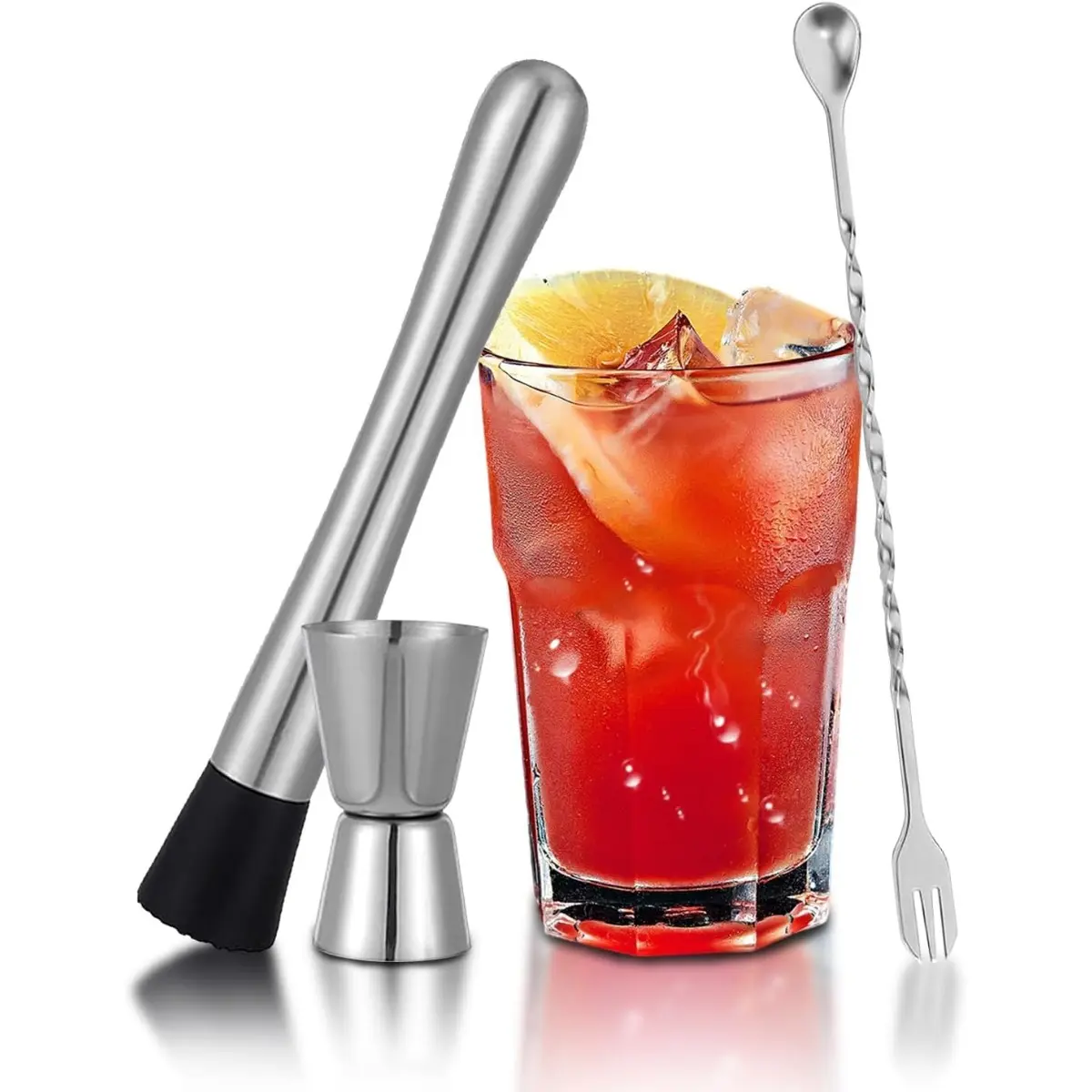 3pcs Bartending tool - Stainless Steel Muddler for Cocktails, Long Handle Mixing Spoon and 0.5/ 1oz Measuring Jigger Glass Utensils