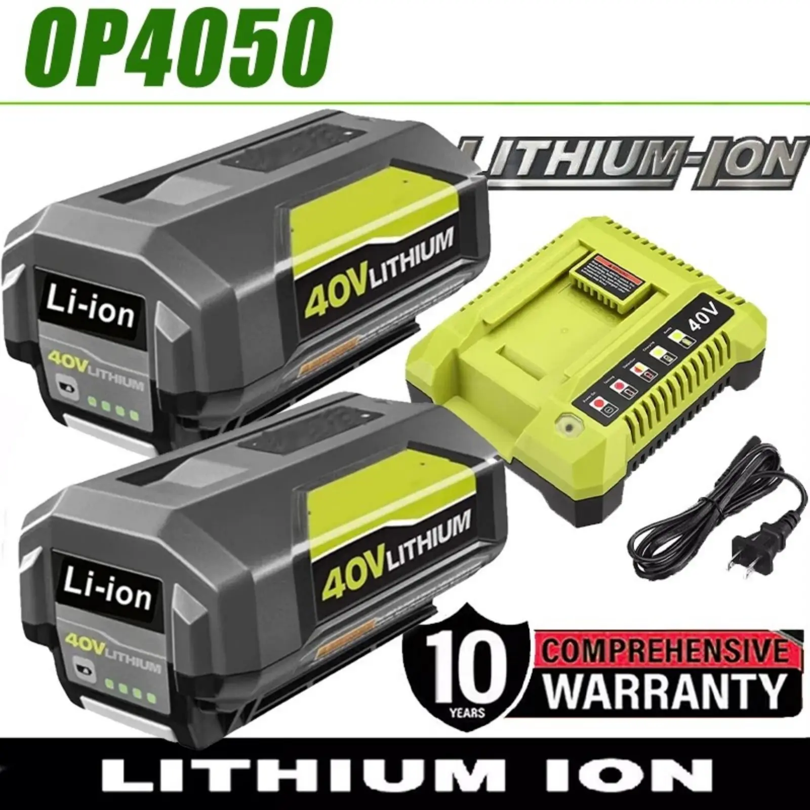 Li-ion 6000mAh 40V Replacement Lithium Battery & Charger Kit (1/2-Pack) - Compatible with Ryobi 40V Power Tools, Replaces OP4050, OP4040, OP4026, Li Ion Batteries, Lithium Replacement Battery