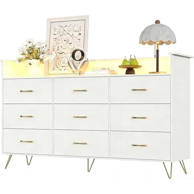 GARVEE 9-Drawer Tall Dresser with RGB LED Lights & Charging Station – Large Wooden Storage Cabinet with USB Ports & Outlets, Modern Chest of Drawers for Bedroom, Closet, Living Room, White