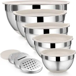 Mixing Bowl with Lid Set, 5 Piece Stainless Steel Mixing Nesting Bowls for Salad Storage, 3 Grater Attachments & Non-Slip Bottoms, Size 1/1.5/2 / 2.6/4.6 QT, Khaki