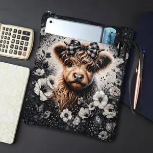 1PC Cute Highland Cow Floral Print Book Cover with Zipper Closure - Book Protector & Storage Bag, Front Pocket for Students, Teachers, Office Supplies, Book Accessories