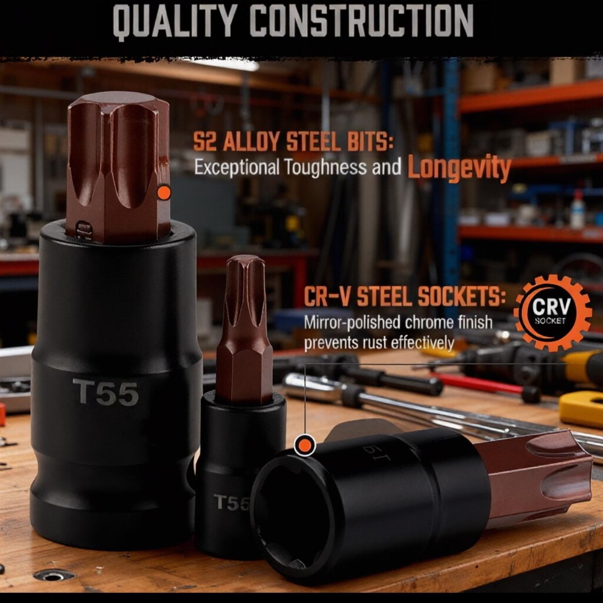 31-Piece Torx Bit Socket and External Torx Socket Set，E-Type Sockets, Torx Sockets, External Torx (T30, T40, T50), Internal Torx (E8, E10, E12, E14), and Torx Bits