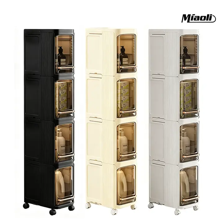 MiAoLi 5-Layer Tall Narrow Plastic Storage Organizer - Slim Rectangular Cabinet with Doors, Adjustable Shelves, Wheels, Stackable Foldable Design, Under Sink Organization, Compartments, Ideal for Small Spaces, Renters,dorm essentials,home decor