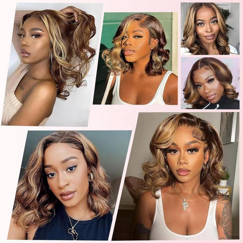 Highlight Bob Wig Human Hair 13x4 HD Lace Front Wigs Human Hair Pre Plucked Hairline Frontal Glueless Short Body Wave Bob Wigs for Black Women Human Hair Ombre Brown Honey Blonde P4/27 Loose Wave