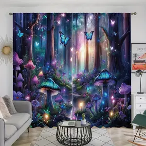 dreamy forest mushroom butterfly printed curtains, magical fairyland theme, pole pocket style, semi sunshade polyester fiber, for home living room, bedroom, balcony, kitchen, study & shower window decoration, anti privacy, Interior Decoration Accessories