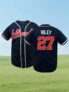 Men's Atlanta #13 Embroidered Baseball Jersey | Stitched Letter & Number Button Down Breathable Shirt | Navy Blue Retro Athletic Tee | Sportswear Top