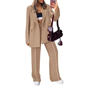 PrettyGarden Women's Fall Spring 2 Piece Blazer Outfits Business Casual Oversized Jacket Wide Leg Work Pants Dressy Suit Set Office Wear Long Sleeve