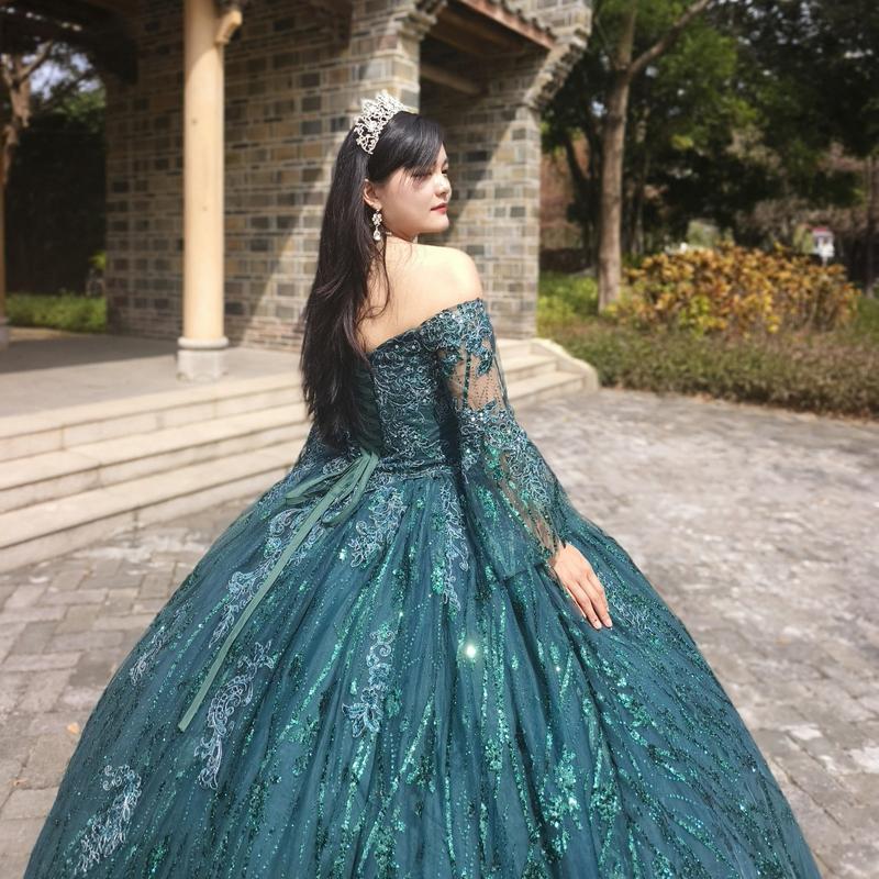 NO.43  Quinceañera Dress Off The Shoulder Bell Sleeves Green Blush Sparkle Tulle Ball Gown Dress